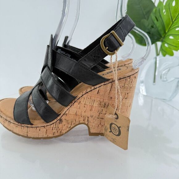 Born Bernese Womens Sandal Size 10 Black Leather Wedge Heel Open Toe Retro Caged - Picture 6 of 16